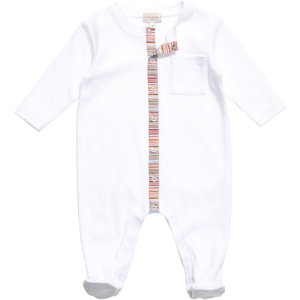 White Babygrow & Hat with Striped Trim Gift Set